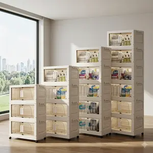 3/4/5/6-Tier Collapsible Stackable Storage Cabinet with Wheels — Transparent Plastic Storage Bins for Home Organization, Foldable Wardrobe Organizer for Bedroom, Kitchen, and Apartment, with Doors and Wheels, Tool-Free Assembly, Portable Storage Container