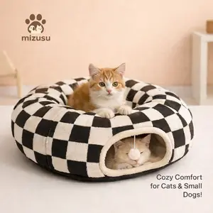 Mizusu Cat Tunnel Bed Cozy Comfort for Cats & Small Dogs Versatile 2-in-1 Play Area with Washable Cushion Round Pet Play Toy for Kitten Puppy Rabbit Peekaboo Cave