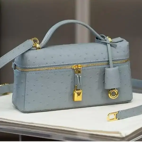 Women Ostrich Grain Rectangle Top‑Handle Handbag Vintage Lock Zipper Satchel Purse for Daily Work Travel Designer LP23 golden buckle lunch box bag