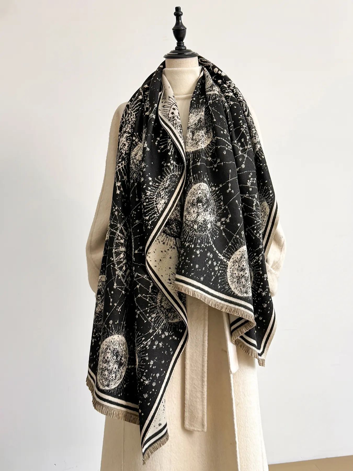 Women's Faux Wool Scarf with Galaxy Pattern, Warm and Stylish Shawl Wrap for Fall & Winter, Fashionable and Versatile Accessories, Galaxy Print Scarf, Galaxy Motif Scarf, Galaxy Themed Scarf, Tassel Decor Scarf