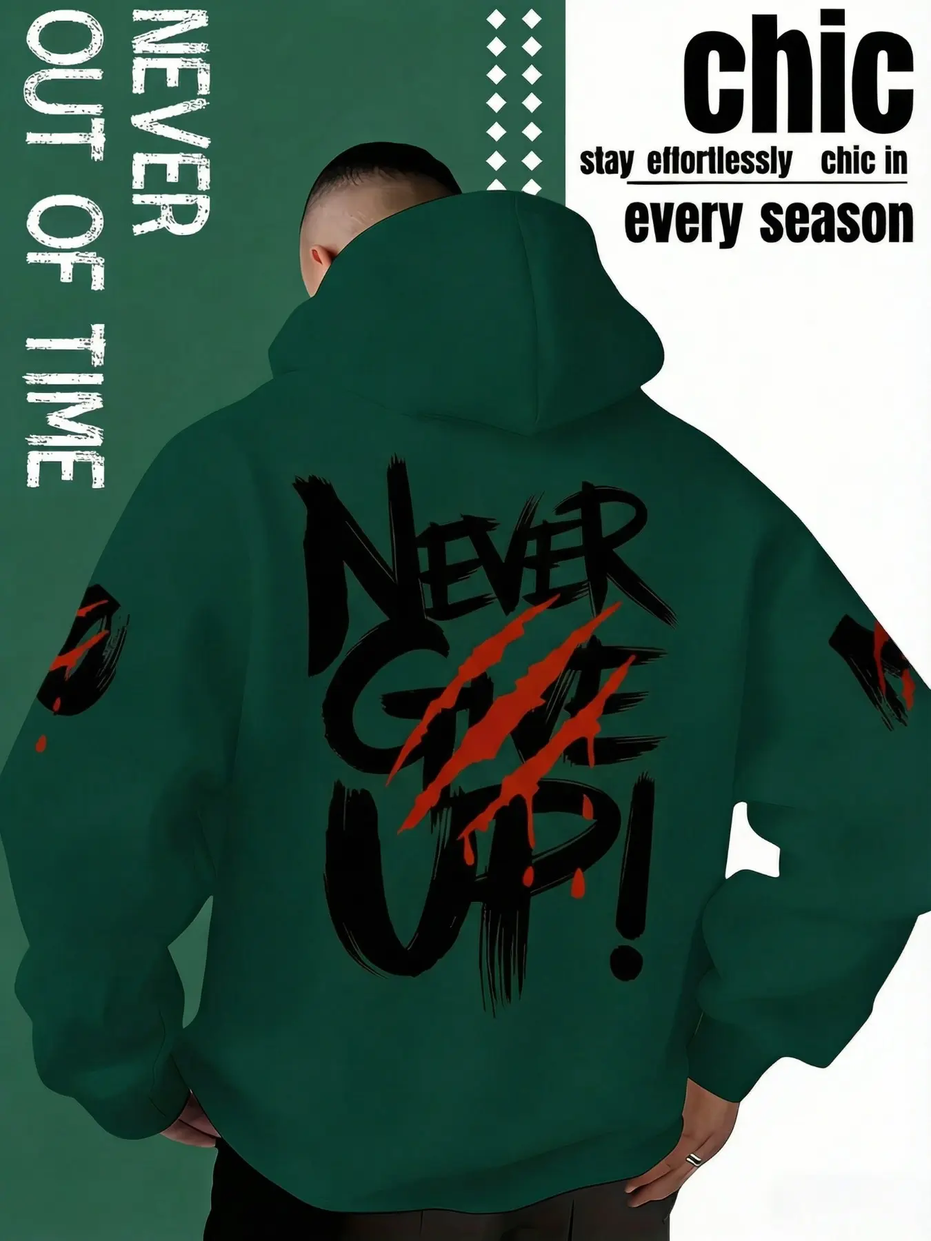 'never Give Up' Graffiti Pattern Loose Hoodie, Aesthetic Hoodie, Casual Streetwear Inspirational Sweatshirt for All Seasons, Fitted Geometric Style, Casual Hooded Sweatshirt