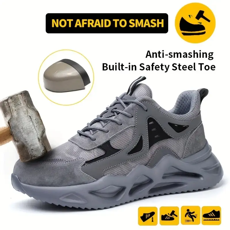 QINGRUIPAI Men's Nylon Round Toe Walking Shoes, Steel Toe Work Sneakers, Lightweight, Puncture-Proof & Non-Slip, Footwear, Minimalist, Fabric, Breathable Work Footwear, Worker Work Shoes