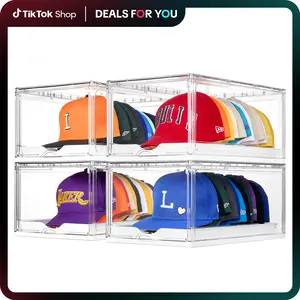 [Live Only] Vtopmart 4 Pack Hat Organizer for Baseball Caps, Clear Hats Holder Box with Drawer, Large Cap Storage with Sliding Tray, Stackable Rack Display Case with Magnetic Door, Each Holds 12 Hats fathersdaygift,deals for you