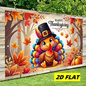 1pc 2D Flat Large Thanksgiving Turkey Banner with Happy Thanksgiving Lettering & Autumn Leaves - Vibrant Fall Colors Orange, Brown, Green, Golden, Blue - Party Decoration with Cute Turkey & Pi Ornaments White