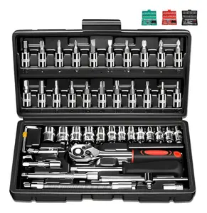 46pcs 1/4 Inch Drive Socket Ratchet Wrench Set, Car Repair Machinery Tools Set, Bit Socket Set Metric with Extension Bar, Auto Repairing Household Machinery Tools with Storage Case, Springtok Tool Box Hardware, Gifts for Man Husband and Father