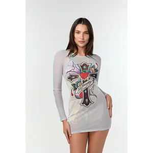 ED HARDY MISSY'- LONG SLEEVE MESH DRESS COVER-UP