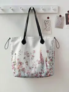 Floral Pattern 2D Printed Drawstring Tote Bag, Large Capacity Shopping Bag, Reusable Shopping Bags, Durable and Wear-Resistant, Suitable for Work, Shopping, Picnic