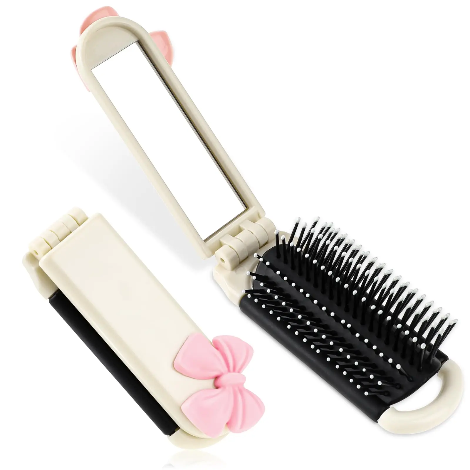 2 Pack Foldable Pocket Hair Brush with Mirror for Head Massage, Compact Hair Styling Tool for Women, Ideal for Travel and Gym - White
