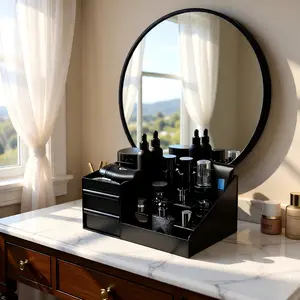 Black Cologne Organizer for Men with 2 Drawers Perfume Storage Case for Grooming & Skincare Waterproof Vanity Box Ideal Gift for Boyfriend or Husband