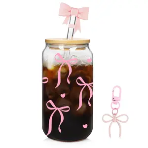 18oz Coquette Bow Glass Cup  Pink Glass Cup with Lids and Straws Reusable Pink Bow Silicone Straw Toppers Lids Protectors 1 Brush for Drinking Coffee Boba Tea Cocktail(Bow)