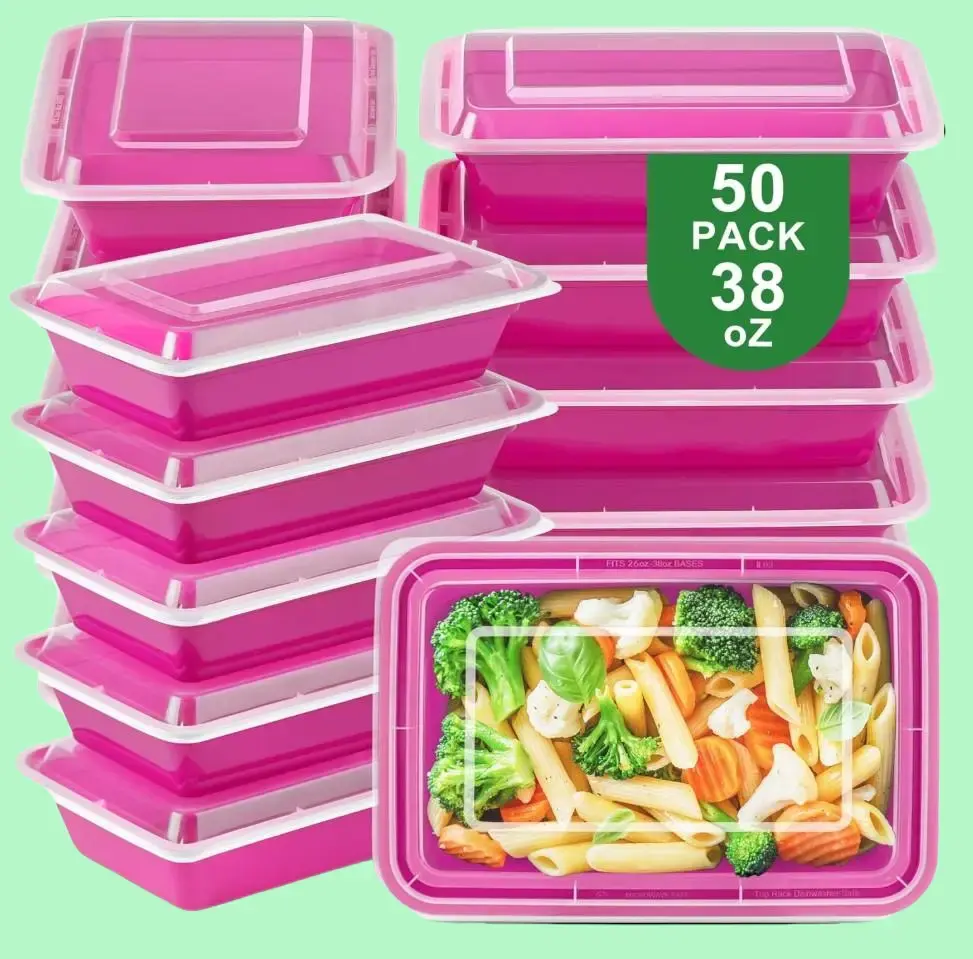 50 Pack Meal Prep Containers with Lids 38oz - BPA-Free, Reusable, Leakproof Food Storage Containers - Microwave/Dishwasher/Freezer Safe, To Go Take Out Plastic Food Storage Pans