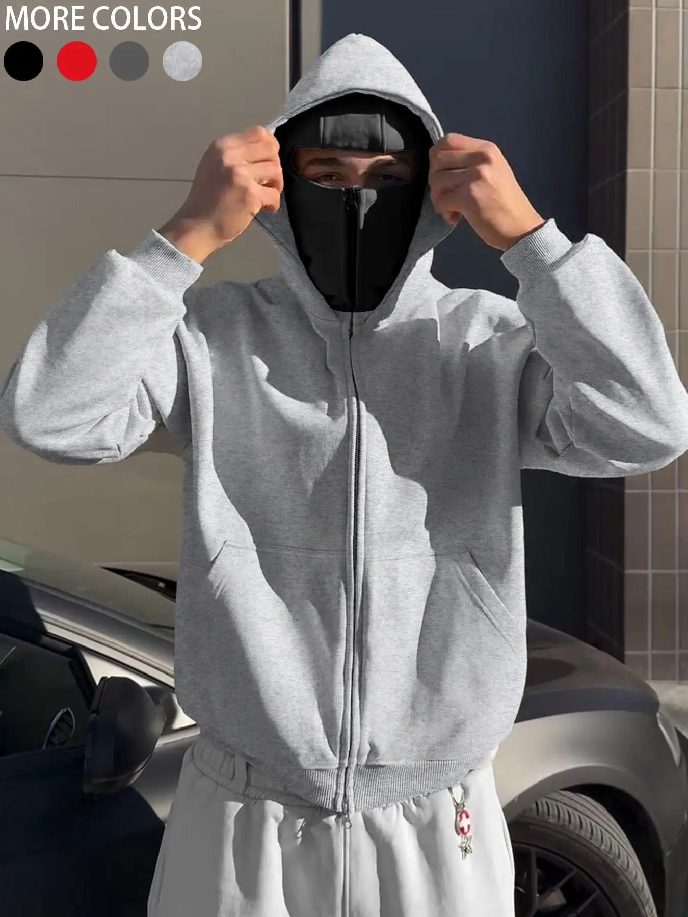 Men's Ninja Hoodie Y2K Sportswear, Street Style Mask Sweatshirt, Windproof Double Layer Hooded Jacket, Fall Winter Casual Fitted Pullover, Athletic Techwear, Dual Layer Hoodie