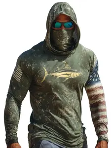 [New] Men's army green sunscreen hoodie, trevally flag sleeve printing, integrated mask quick-drying and breathable, outdoor fishing long sleeve,sun protection hoodie vintage camo athletic fit