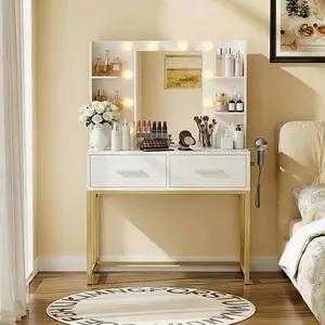 Vanity Desk With Mirror And Lights, Makeup Vanity Table With 2 Drawers & Storage Shelves, Large HD Mirror, 3 Color Modes & Adjustable Brightness, Modern Dressing Table For Bedroom
