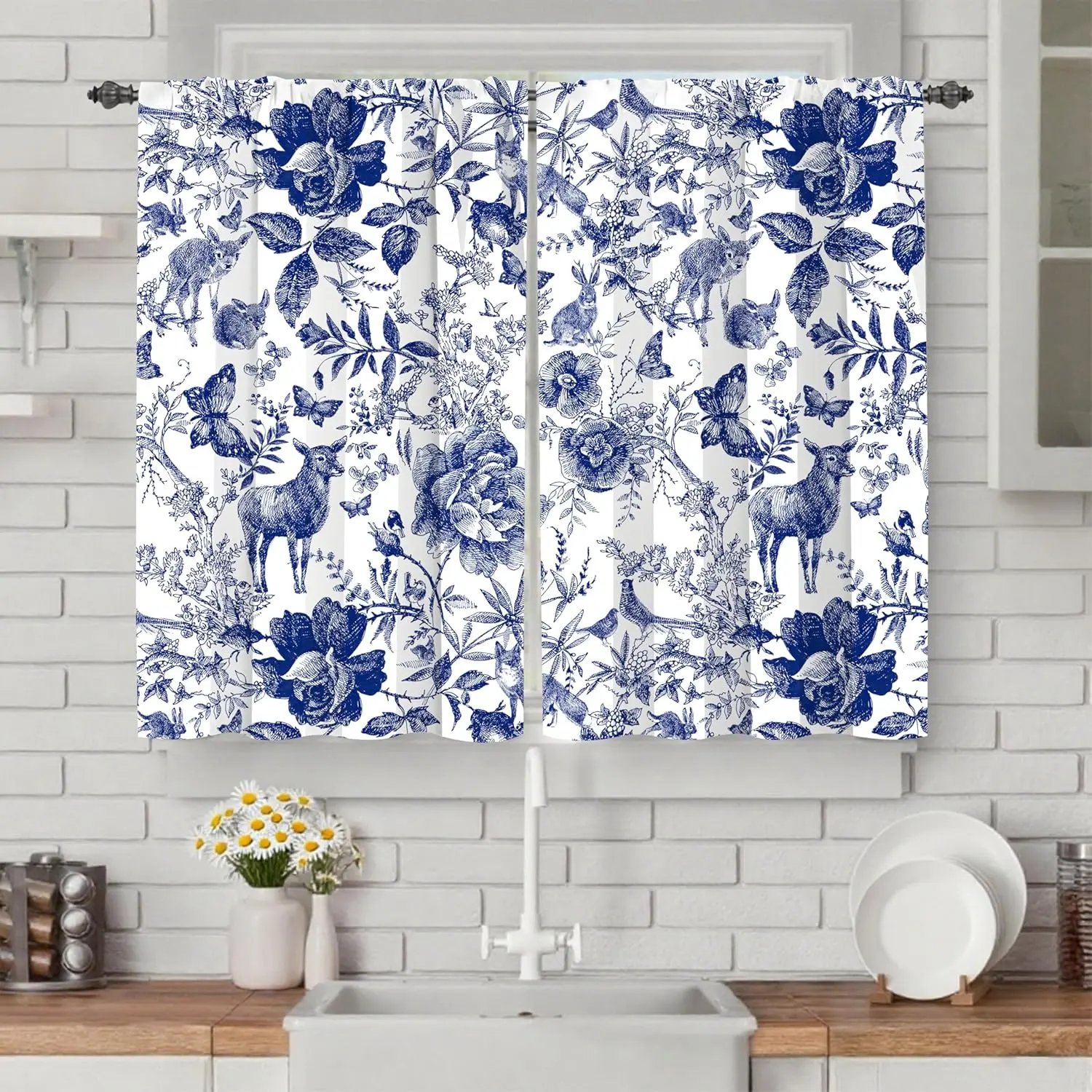 Blue Floral Cafe Curtains, Wrinkle Resistant Machine Washable Pocket Window Drapes, 2-Panel Set (27.5"x39") for Kitchen, Bathroom, Living Room
