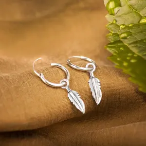 1Pair Vintage Silver Hoop Feather Dangling Earring Dainty Minimalist Healing Crystal Stud Earrings