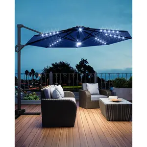 Garvee 10FT Patio Umbrella Outdoor Solar LED Large Cantilever Umbrella Market Sun Shade Windproof Offset Umbrella with 360-Degree Rotation for Garden Deck Pool Patio, Navy Blue