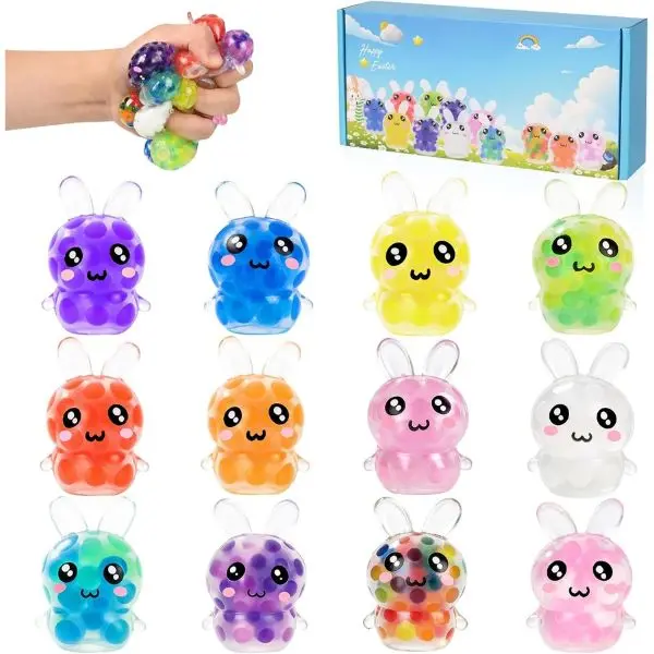 Egg Fillers – 12 Pcs Mini Bunny Squishy Balls, Non-Candy Easter Basket Stuffers, Squishy Stress Relief and Fidget Desk Toys for Kids, Teens and Adults, Party Favors and Gifts