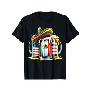 Cotton Cinco de Mayo Fiesta T-Shirt - USA Flag & Mexican Beer Design, Regular Fit, Cotton, Ideal for Outdoor Celebrations and Casual Wear