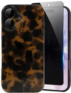 Cute Phone Case for iPhone 17 Case with Privacy Screen Protector, Amber Pattern Leopard Full Camera Protective Slim Shockproof Cool Trendy Aesthetic-Brown Tortoise Shell