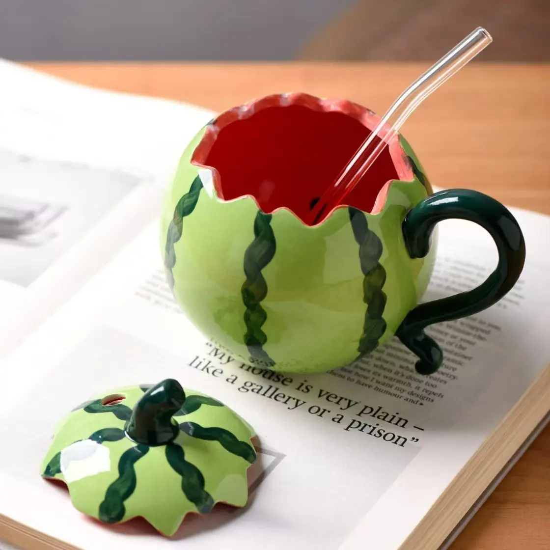 380ML Creative Watermelon Ceramic Straw Cup, Cute Fruit Design Insulated Mug with Lid, Perfect for Juice Tea Ice Cream Cold Drinks, Beverage Mug, Ceramic Classic Drinkware