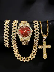 Trendy Streetwear Hip-Hop Quartz Analog Watch, Analog Quartz Movement, Fashion Watch Set, Zinc Alloy Case & Band, Calendar Window, Roman Numerals, Perfect for Young Men