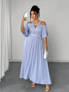 Elegant Plus Size Summer Shirt, One Shoulder Cut Out Design, Cutout, Hollow Out Sleeve, A-Line Hem, Pure Color, Solid, Women's Fashion Top, Casual Dress