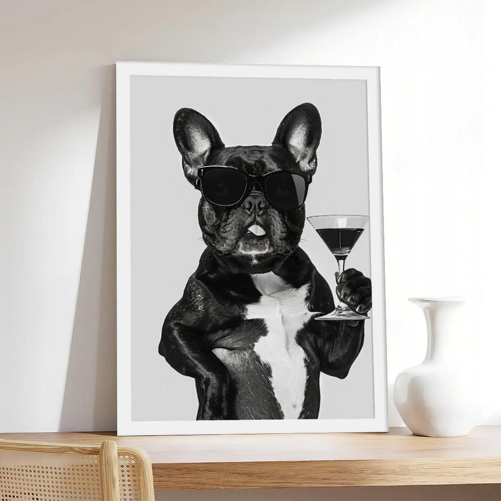 Artistic French Bulldog Cocktail Funny Dog Canvas Print - Minimalist Neutral-Style Home Decor Poster, Pet Animal Themed Bedroom Wall Decoration, Ideal Gift