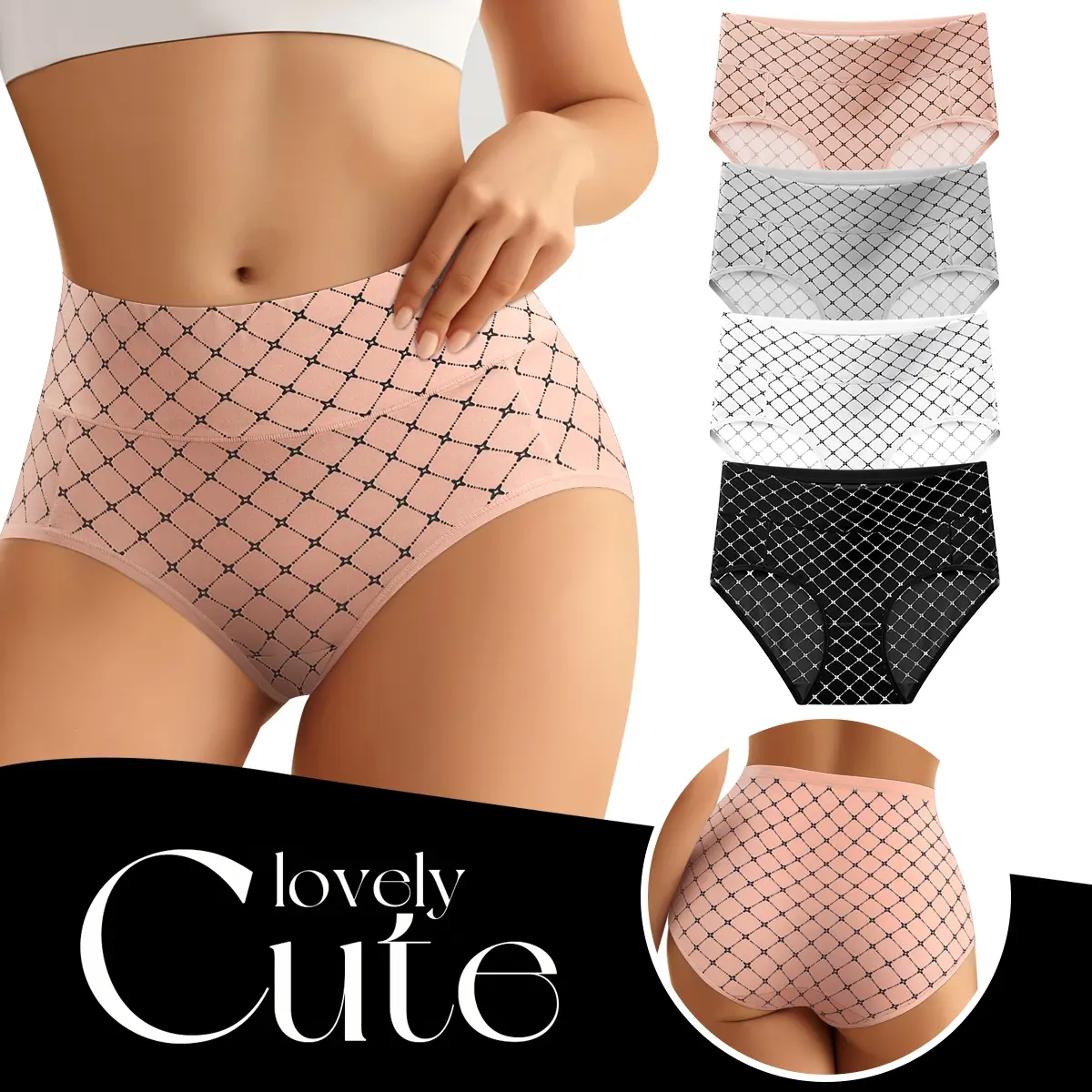 QUASTI 4 Pcs Lady's High-Waist Retro Contrasting Polyester Knit Panties - Wave Point, Breathable, Skin-Friendly, Soft, Mixed-Color, Seamless, Fitted Underwear (S-XXL, 4 Color Options) summerwins