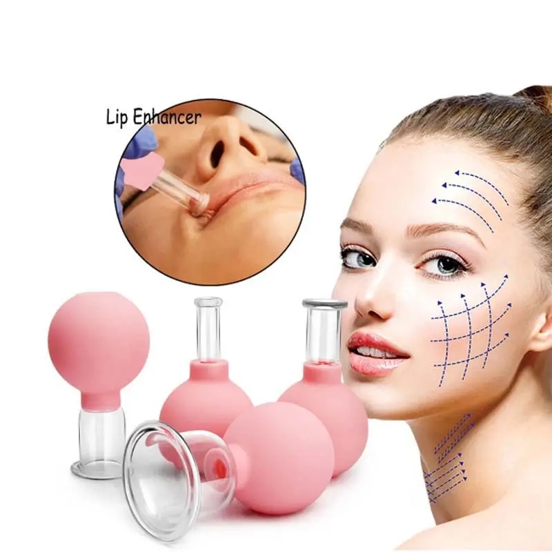 4-Piece Hand Held Glass Silicone Facial Cupping Tool Kit with Pink Vacuum Suction - Physical Therapy for Adults, Anti-Cellulite, Anti-Wrinkle, Body Care, Sensitive Skin, Self-Massages at Home Use