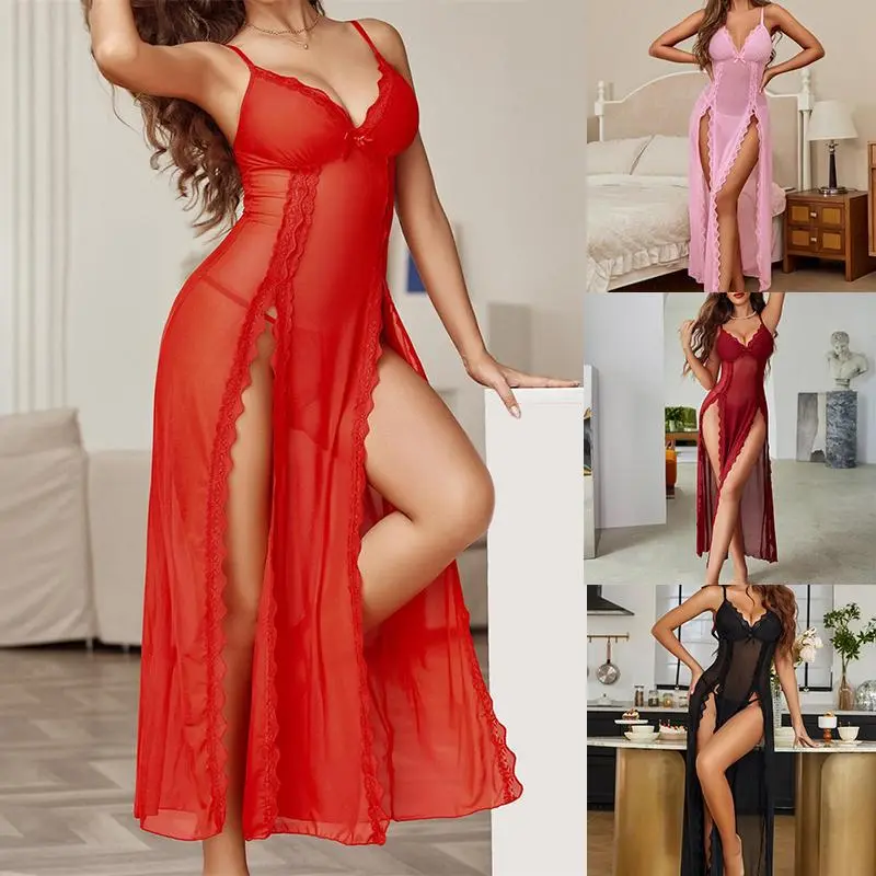 Lingerie for Women Side Split Chemise Nightdress Deep V Neck Nightwear Long Nightgown