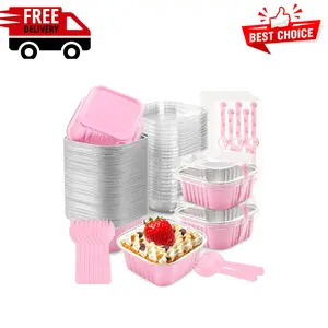 50 Pcs Mini Cake Pans with Lids and Spoons Aluminum Foil Mini Square Baking Cups (Pink,5oz)