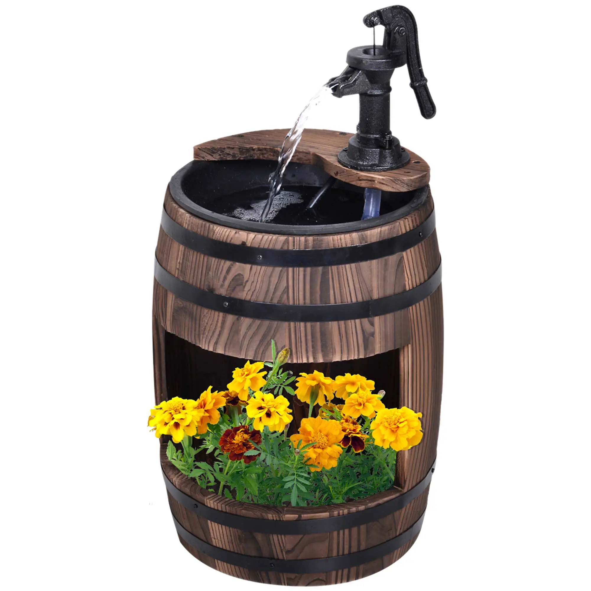 23" H Natural Fir Wood Planter Attachment Fountain, Lower Layer Flower Planter with Steel Frame, Long-Lasting Outdoor Patio Water Fountain for Home Improvement Garden Decor, Planter Attachment Fountains