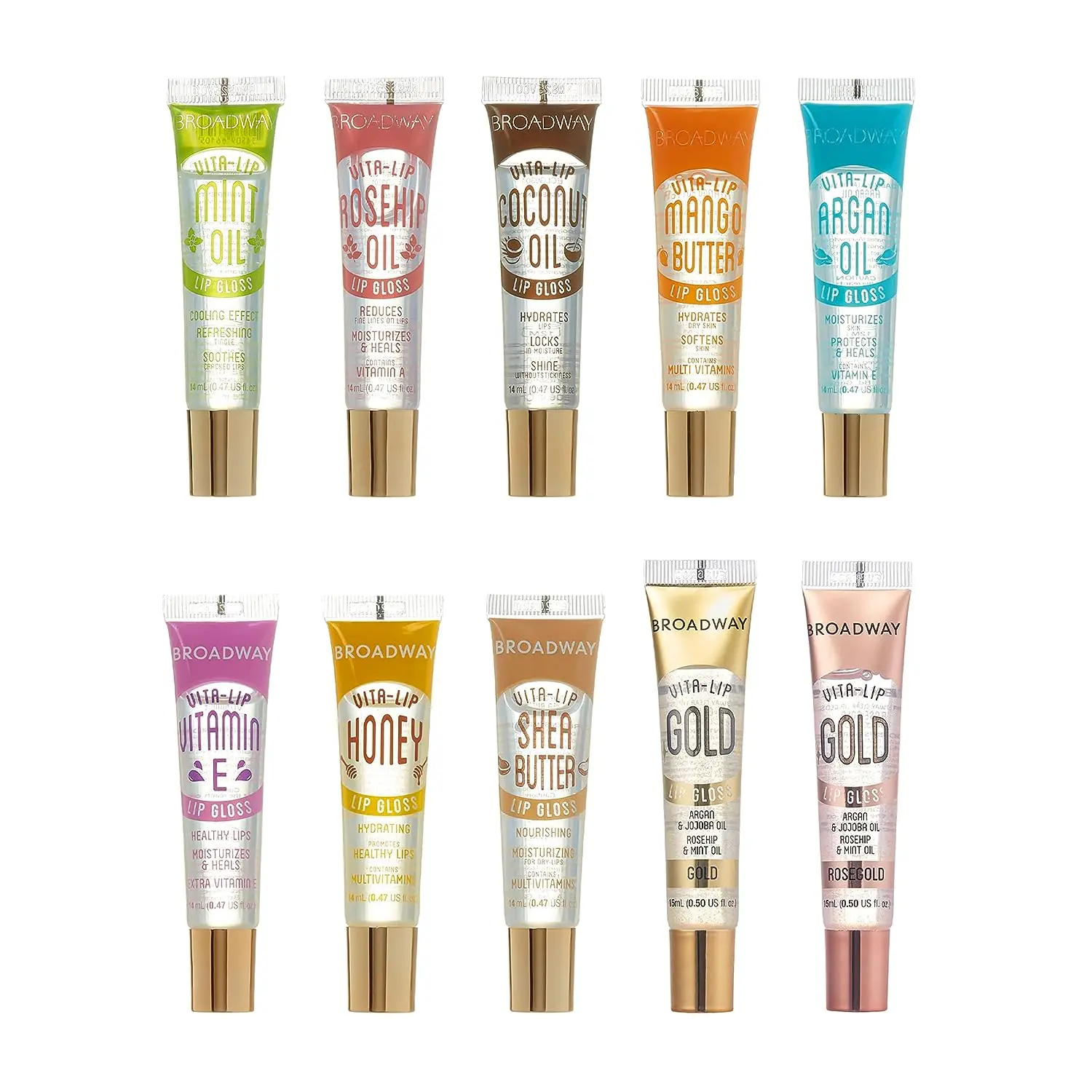Broadway Vita-Lip Clear Lip Gloss Moisturizing Hydrating Nourishing Long Lasting High Shine Glossy Lip Care Gloss with Special Gold and Rose Gold Flavors 0.47oz/14ml (10 PCS SET)