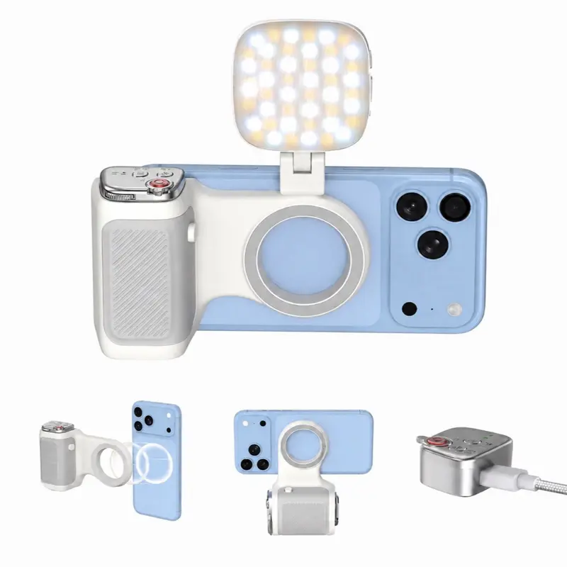 Magnetic Phone Camera Grip with Selfie Light, Detachable Bluetooth Camera Shutter Remote, MagSafe Compatible for iPhone & Android, Rechargeable Phone Grip with Tripod Mount & Built-in Keychain for Vlogging, Content Creation, Travel & Video Calls