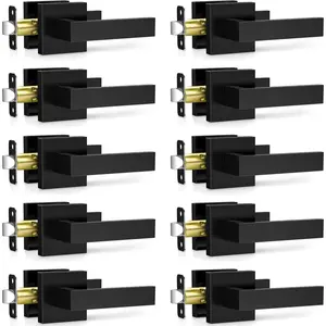 10 Pack Matte Black Interior Door Handles, Passage Door Knobs Closet Door Levers for Hallway, Heavy Duty Square Non-Locking Doorknob Handlesets for Left & Right Sided Doors