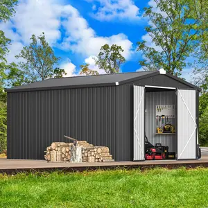 【3 Packages Shipping】10' x 14' Outdoor Storage Shed – Heavy-Duty Steel Utility Shed with Lockable Doors for Backyard, Garden & Tools
