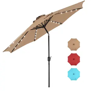 10 ft Patio Pool Umbrella with 32 LED Solar Lights UV-Resistant Outdoor Table Umbrella with Tilt and Crank for Backyard Deck Garden and Beach Cover