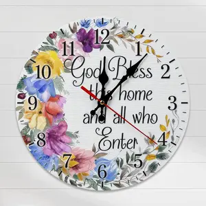 10-Inch Round Wooden Floral God Bless Home Wall Clock, Silent Inspirational Christian Decor with Easy Installation, Wreath Art Clock for Indoor Room Decor Spaces