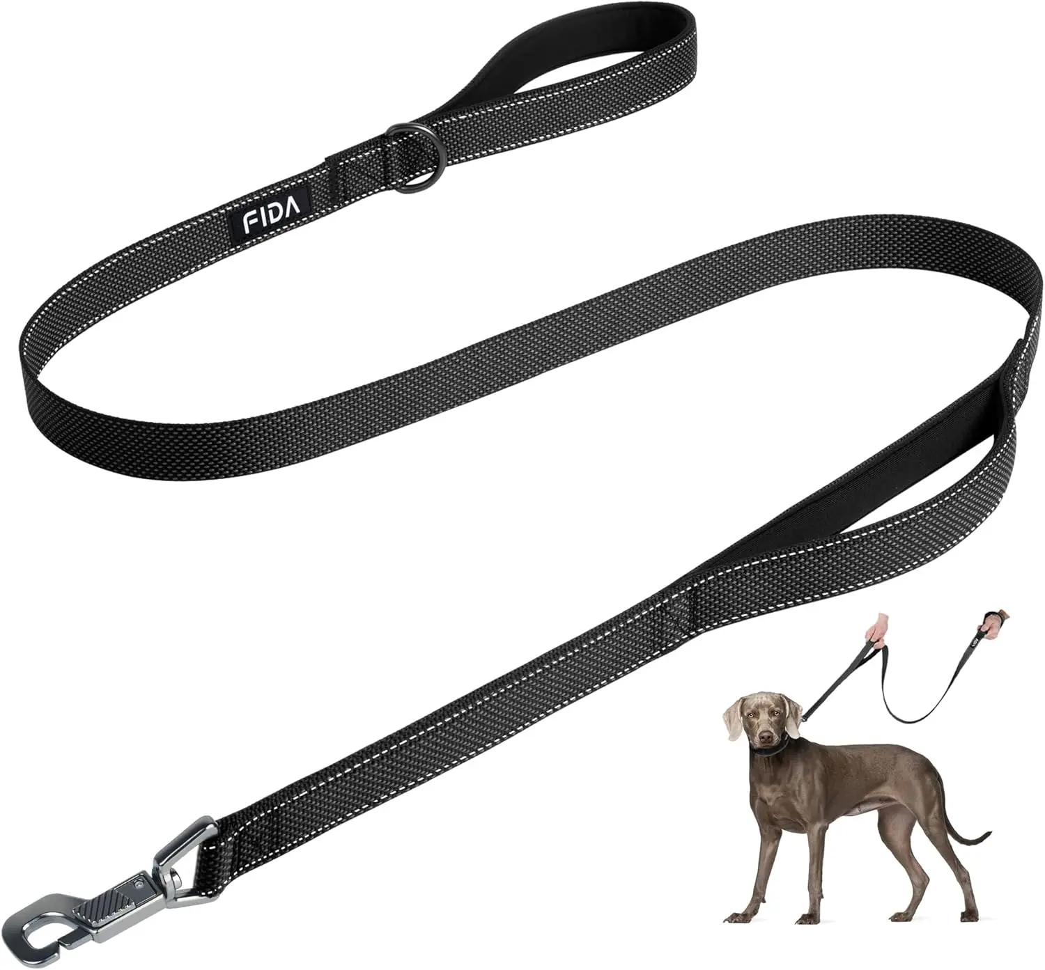 Fida Heavy Duty Nylon Dog Leash - Dual Padded Grip Handles, Patented Push-On Hook, Reflective Webbing for Visibility, 4/5/6/10 FT Walking Lead for Small/Large Dogs