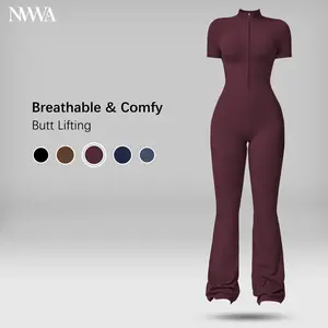 Women's Summervibes Zip-Front Short-Sleeve Bodysuit, Nylon Blend, Breathable Skin-Friendly Slim-Fit Butt-Lifting Camisole, Ideal for Yoga and Pilates, Bodysuit for Women, Women's Clothes, Gym Clothes Women Outdoor Fun