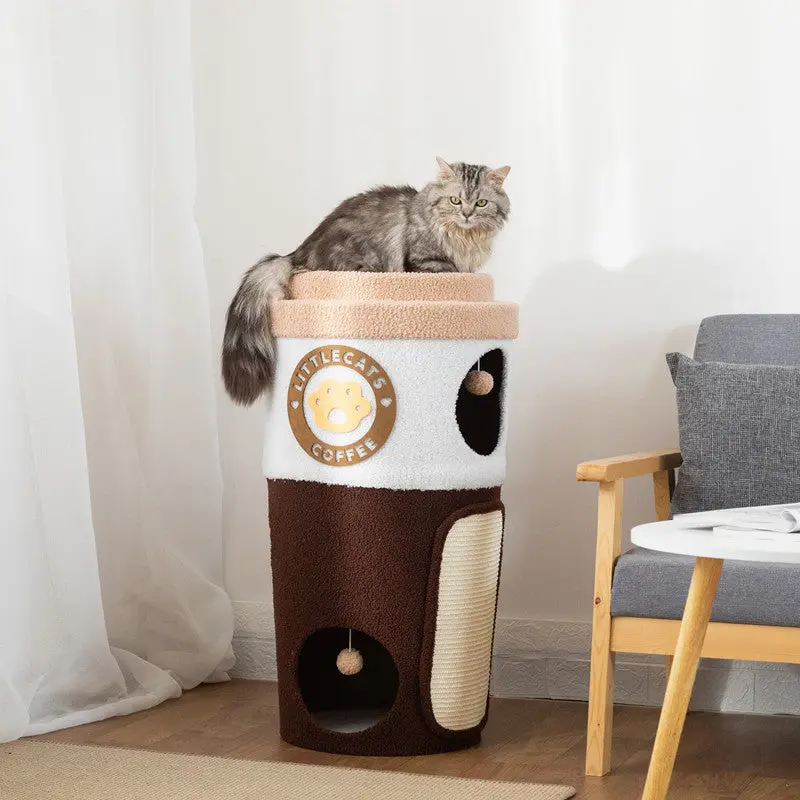 Happy & Polly Coffee Cup Cat Tree House, Multi-functional for Cat Scratching and Sleeping, Cat Tower No Assembly Required, for Cats up to 20 lbs Kitten