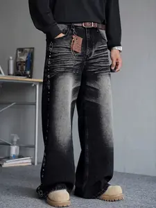 Four-season versatile, Streetwear, Menswear, casual style, distressed and rhinestone-embellished vintage loose straight-leg jeans, Denim, non-stretch street-style men's pants, reshaping the vintage cha