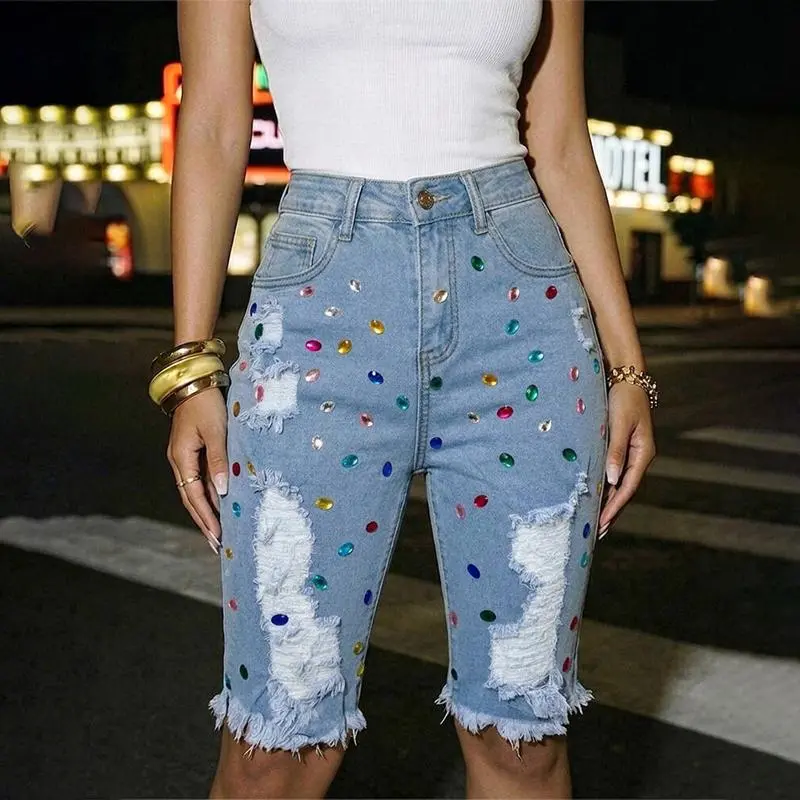 CHICME Women's Colorful Rhinestone Ripped Denim Shorts High Waisted Raw Hem Y2K Washed Jean Shorts