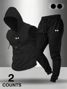 Dumbbell Print Hooded Sleeveless Top Joggers 2 Piece Set Men, Sports clothing set, Y2K Gym Workout Outfit With Dumbbell Logo, Summer Breathable Athletic Set, For Daily Wear, Street Style, Men's Retro Streetwear