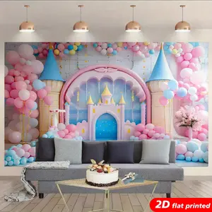 Princess Castle Tapestry Wall Hanging, 2D Flat-Printed Pink-Blue Balloon Design, Decorative Magical Fairy Tale Nursery Decor, Birthday Party Photo Booth Backdrop, Ideal Gift for Girls