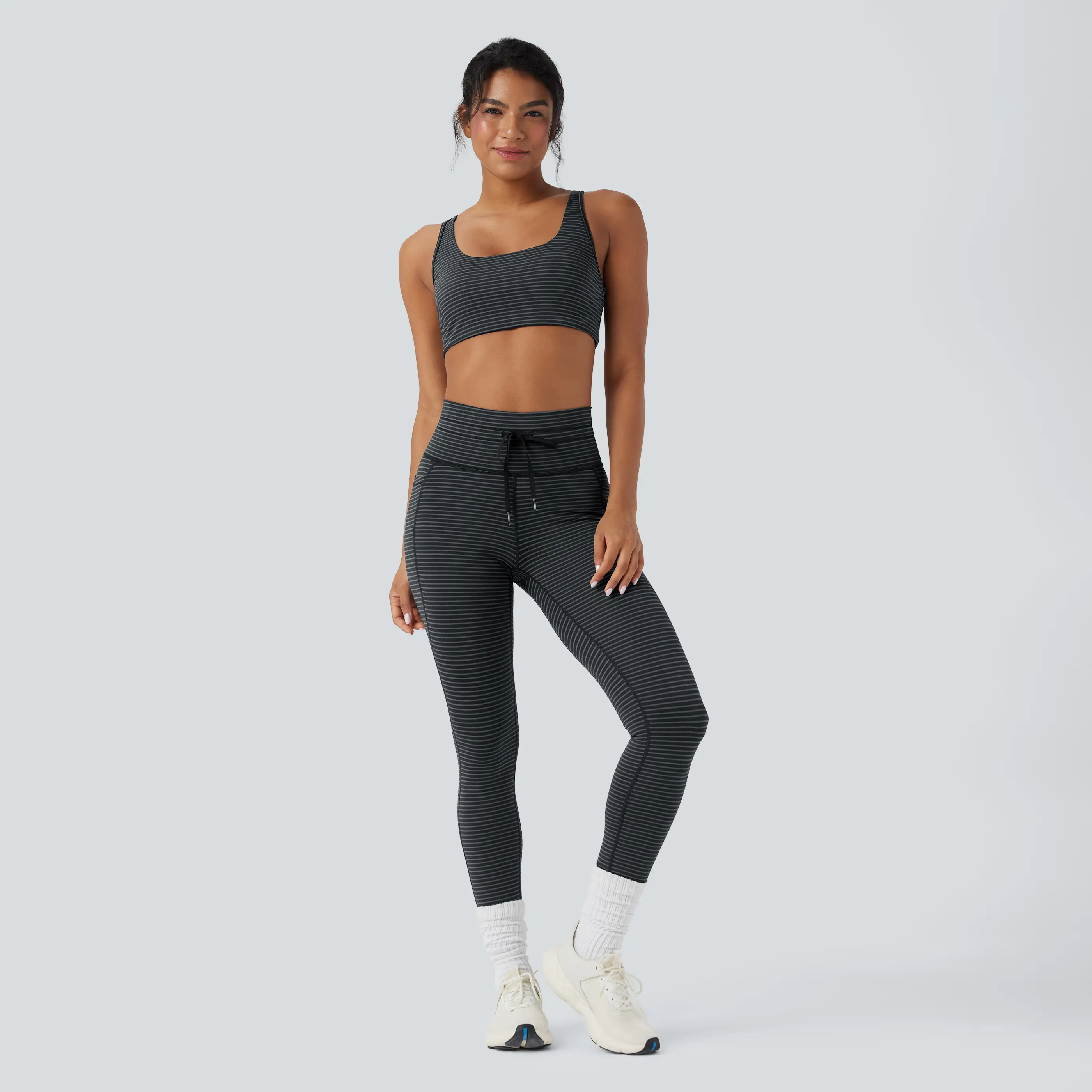【Creator‘s Pick】Halara 2-Piece Low Support U Neck Cut Out Stripe Yoga Sports Bra & High Waisted Drawstring Striped Yoga Pants with Pockets Set
