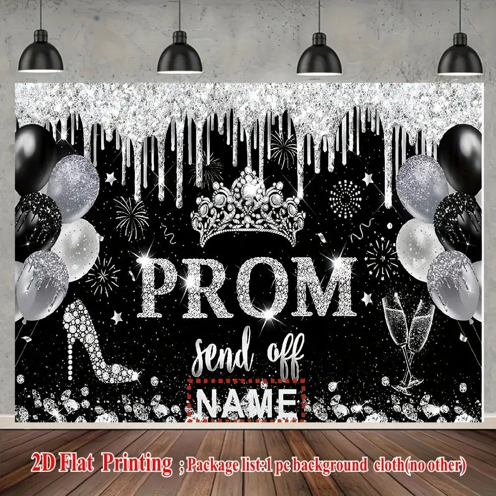 Durable Custom Print Throw - 2D Flat-Printed Black & Silvery Vinyl Backdrop Cloth, Custom Name, Bright "PROM Farewell" Banner, Crowns, High Heels Decor, Wedding-Ready Glam (Textiles & Soft Furnishings, Bedding & Linens, Blankets & Throws)