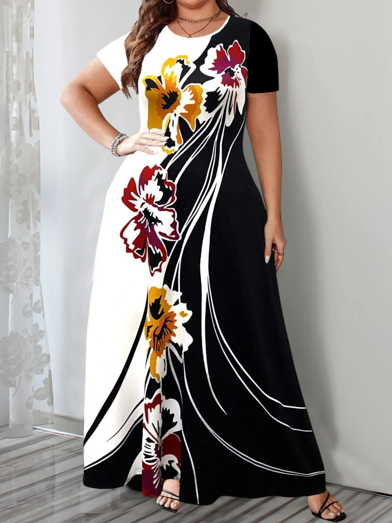 Women's Plus Size Casual Wear Short Sleeve Floral Print Dress - Crew Neck, Red & Yellow Flowers on Black Background, Lightweight Polyester Blend for Spring/Summer, Shortsleeve