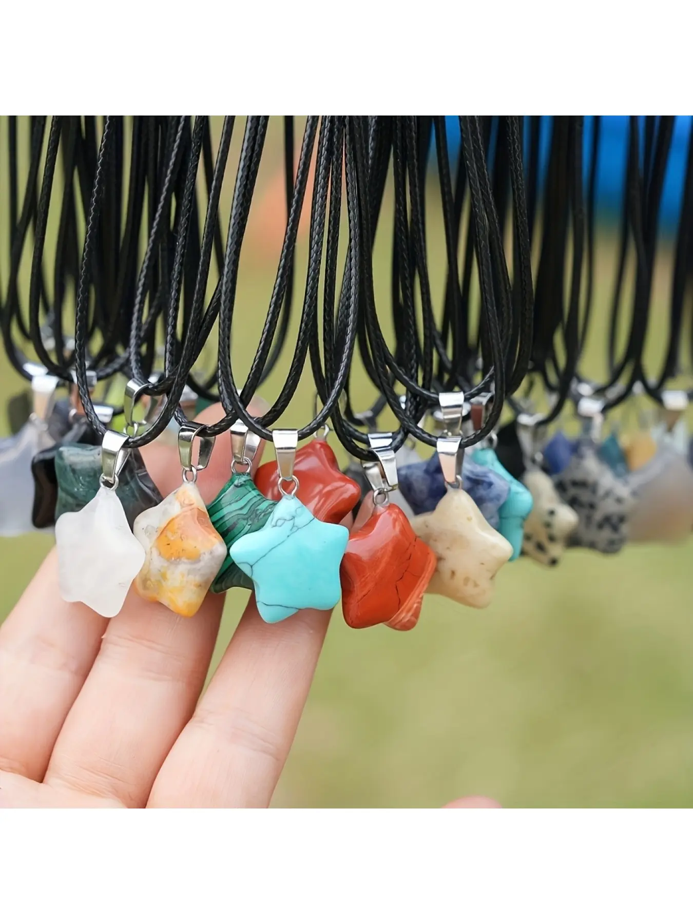 30Pcs Star Natural Healing Crystal Pendant Necklace Set Chakra Synthetic Gemstone Quartz Star Jewelry with Black Adjustable Leather Cord for DIY Crafting Easter Party Birthday Gift 15 pendants+15 chains